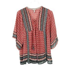 Knox Rose Floral Printed Lace Up  Tassel Peasant Top Red Size XL EUC A1592